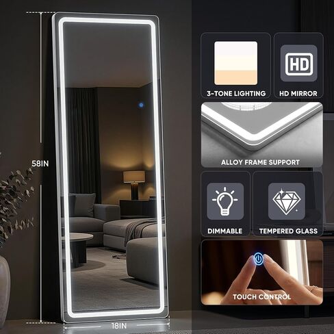 58"x18" Full Length Mirror with LED Lights, Dimmable Lighted Floor Mirror with 3 Color Lighting & Touch Control, Standing Wall Mounted Full Body Mirror, Tempered Glass for Bedroom, White in Saudi Arabia