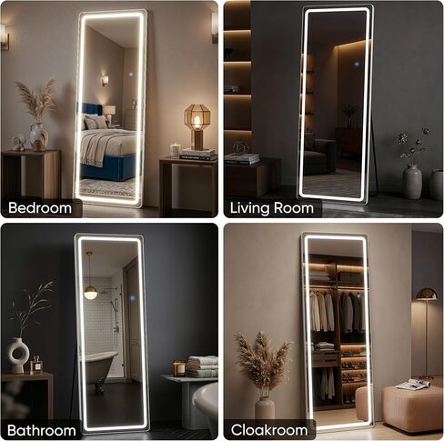 58"x18" Full Length Mirror with LED Lights, Dimmable Lighted Floor Mirror with 3 Color Lighting & Touch Control, Standing Wall Mounted Full Body Mirror, Tempered Glass for Bedroom, White in Saudi Arabia