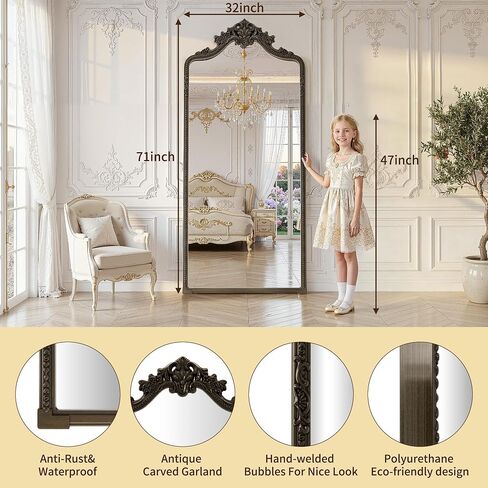 71"x32" Bronze Arched Full Length Mirror with Stand, Full Body Mirrors for Leaning or Hanging, Traditional Ornate Vintage Floor Mirror,Baroque Antique Long Mirrors for Wall,Decor, Living Room, Bedroom in Saudi Arabia