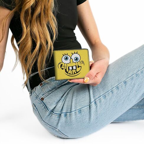 Buckle-Down SpongeBob SquarePants Wallet, Bifold, Spongebob Squarepants Gnarly Face and Japanese Text Yellow, Vegan Leather in Kuwait