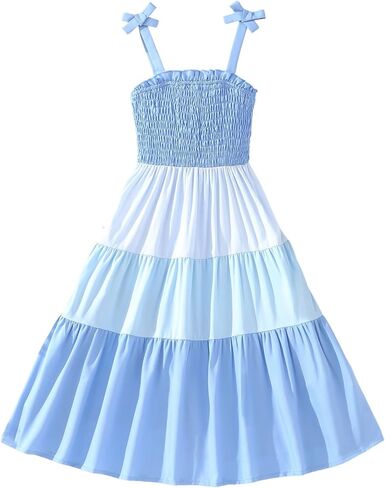 SOLY HUX Girl's Color Block Smocked Cami Dress Bow Spaghetti Strap A Line Ruffle Flowy Summer Midi Dresses Sundress in Kuwait