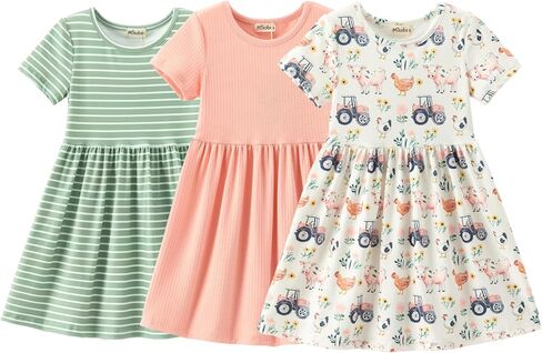 Girls’ Summer Dresses 3-Pack, Sleeveless Printed & Tiered Dresses, Soft Stretch Fabric, Ages 3-10 in Kuwait
