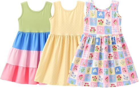Girls’ Summer Dresses 3-Pack, Sleeveless Printed & Tiered Dresses, Soft Stretch Fabric, Ages 3-10 in Kuwait