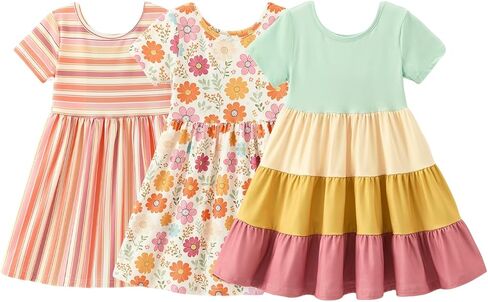 Girls’ Summer Dresses 3-Pack, Sleeveless Printed & Tiered Dresses, Soft Stretch Fabric, Ages 3-10 in Kuwait
