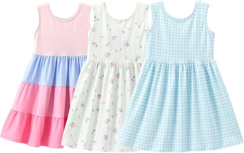 Girls’ Summer Dresses 3-Pack, Sleeveless Printed & Tiered Dresses, Soft Stretch Fabric, Ages 3-10 in Kuwait