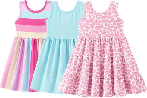 Girls’ Summer Dresses 3-Pack, Sleeveless Printed & Tiered Dresses, Soft Stretch Fabric, Ages 3-10 in Kuwait