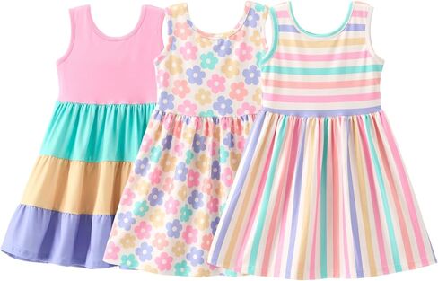 Girls’ Summer Dresses 3-Pack, Sleeveless Printed & Tiered Dresses, Soft Stretch Fabric, Ages 3-10 in Kuwait