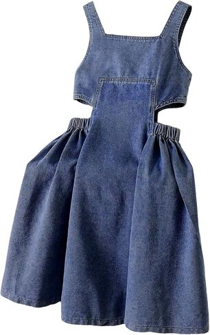 GORGLITTER Girl's Denim Dress Cute Sleeveless Cut Out Overall Cowgirl Western A Line Swing Short Mini Jean Dresses in Kuwait
