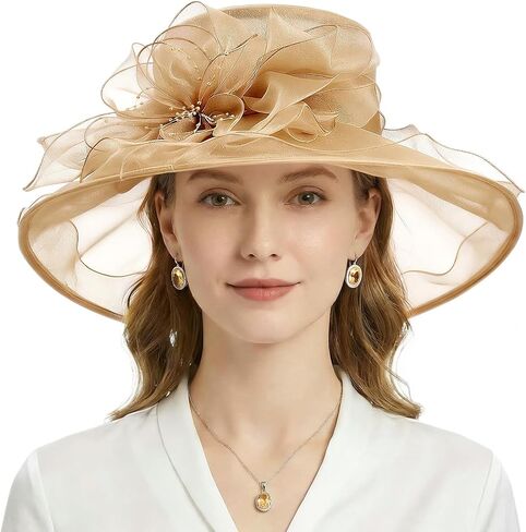 AQOKKA Women Organza Church Fascinators Kentucky Derby Hats for Women and Girls Wedding Flower Tea Party Hat with Wide Brim in Kuwait