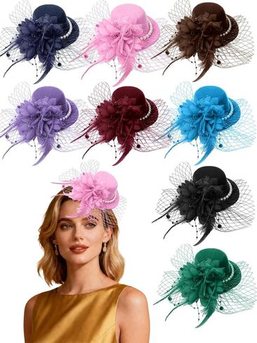 8 Pcs Fascinator Hats Bulk for Women with Clip Feathers Mesh Derby Tea Party Fancy Hats for Party Wedding Cocktail in Kuwait