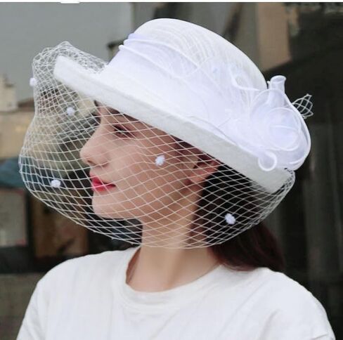 Holiberty Ladies Elegant Church Fedora Hat Women Flower Veil Fascinator Mesh Bucket Cap Party Wedding Bridal Derby Bowler Hat in Kuwait