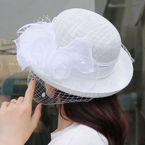 Holiberty Ladies Elegant Church Fedora Hat Women Flower Veil Fascinator Mesh Bucket Cap Party Wedding Bridal Derby Bowler Hat in Kuwait