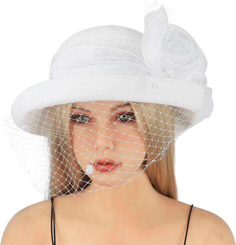 Holiberty Ladies Elegant Church Fedora Hat Women Flower Veil Fascinator Mesh Bucket Cap Party Wedding Bridal Derby Bowler Hat in Kuwait