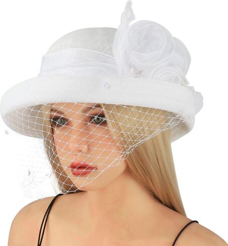 Holiberty Ladies Elegant Church Fedora Hat Women Flower Veil Fascinator Mesh Bucket Cap Party Wedding Bridal Derby Bowler Hat in Kuwait