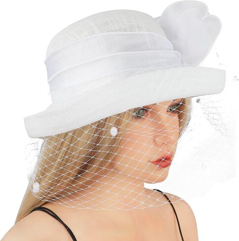 Holiberty Ladies Elegant Church Fedora Hat Women Flower Veil Fascinator Mesh Bucket Cap Party Wedding Bridal Derby Bowler Hat in Kuwait