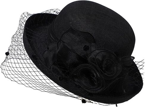 Holiberty Ladies Elegant Church Fedora Hat Women Flower Veil Fascinator Mesh Bucket Cap Party Wedding Bridal Derby Bowler Hat in Kuwait