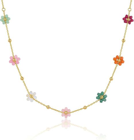 Harlermoon 18K Gold Plated Flower Necklace for Women, Waterproof Stainless Steel Beaded Station Chain with Natural Crystal Floral Charms, Dainty Summer Jewelry Gift, 15.7"+2" in Saudi Arabia