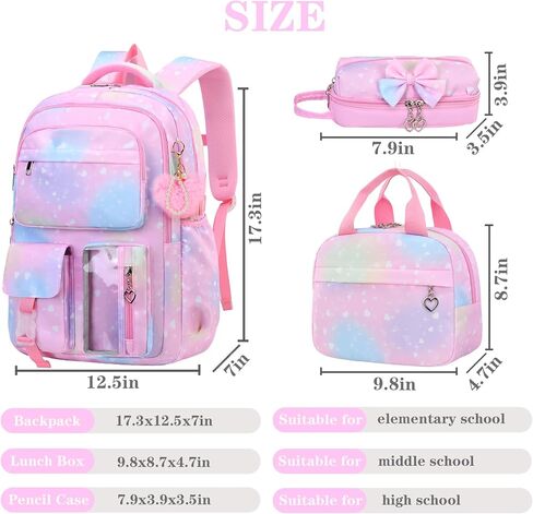 Girls Backpack Set with Lunch Box & Pencil Case, Floral Print Girls School Backpack for Elementary/Middle/High School (Rainbow) in Kuwait