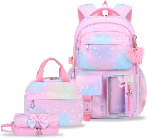 Girls Backpack Set with Lunch Box & Pencil Case, Floral Print Girls School Backpack for Elementary/Middle/High School (Rainbow) in Kuwait