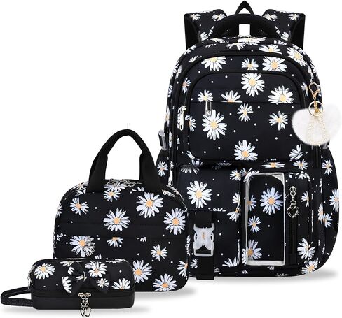 Girls Backpack Set with Lunch Box & Pencil Case, Floral Print Girls School Backpack for Elementary/Middle/High School (Rainbow) in Kuwait