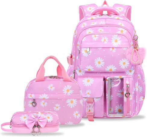 Girls Backpack Set with Lunch Box & Pencil Case, Floral Print Girls School Backpack for Elementary/Middle/High School (Rainbow) in Kuwait