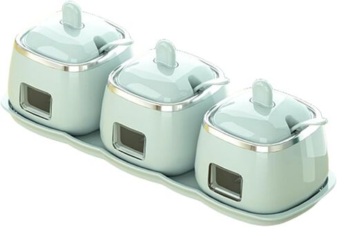 Set of 3 Condiment Jars Spice Container with Lids Spoons and Tray, Salt Sugar Bowls Seasoning Pots Set for Home Kitchen Counter in Kuwait