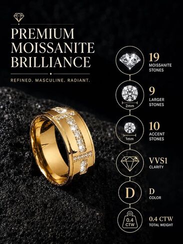 Lightweight ASTM F136 Titanium Mens Wedding Band Moissanite Ring, VVS1.D Color 0.4CTW Mens Engagement Ring, Comfort Fit 14K Gold Plated/Silver Rings for Men Anniversary Promise Ring, US SIze 7-12, Titanium/14K Gold Plated Color in Kuwait