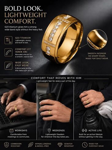 Lightweight ASTM F136 Titanium Mens Wedding Band Moissanite Ring, VVS1.D Color 0.4CTW Mens Engagement Ring, Comfort Fit 14K Gold Plated/Silver Rings for Men Anniversary Promise Ring, US SIze 7-12, Titanium/14K Gold Plated Color in Kuwait