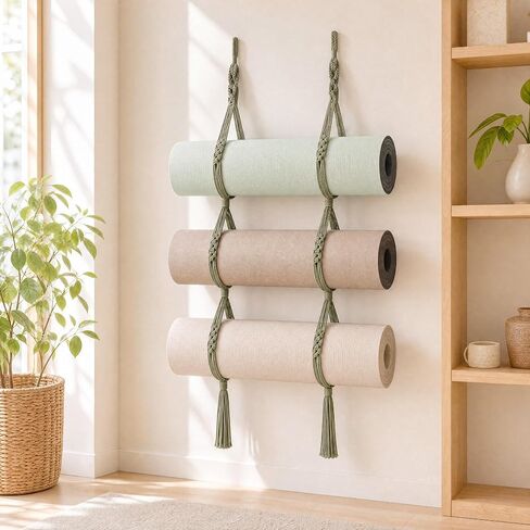 2 Pcs 59 Inch Yoga Mat Wall Mount Boho Handmade Cotton Rope Yoga Mat Sage Green Holder Wall Hanging Storage Pilates Accessories New Special Boho Design for Gym Home Space Saving Organizer in Saudi Arabia