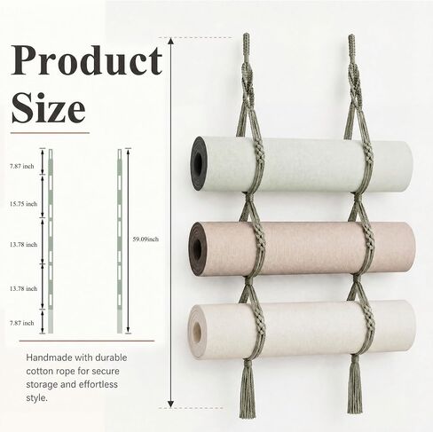 2 Pcs 59 Inch Yoga Mat Wall Mount Boho Handmade Cotton Rope Yoga Mat Sage Green Holder Wall Hanging Storage Pilates Accessories New Special Boho Design for Gym Home Space Saving Organizer in Saudi Arabia