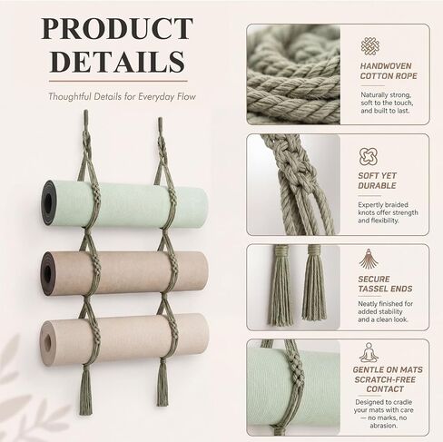 2 Pcs 59 Inch Yoga Mat Wall Mount Boho Handmade Cotton Rope Yoga Mat Sage Green Holder Wall Hanging Storage Pilates Accessories New Special Boho Design for Gym Home Space Saving Organizer in Saudi Arabia
