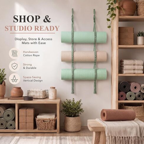 2 Pcs 59 Inch Yoga Mat Wall Mount Boho Handmade Cotton Rope Yoga Mat Sage Green Holder Wall Hanging Storage Pilates Accessories New Special Boho Design for Gym Home Space Saving Organizer in Saudi Arabia