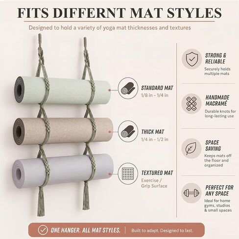 2 Pcs 59 Inch Yoga Mat Wall Mount Boho Handmade Cotton Rope Yoga Mat Sage Green Holder Wall Hanging Storage Pilates Accessories New Special Boho Design for Gym Home Space Saving Organizer in Saudi Arabia