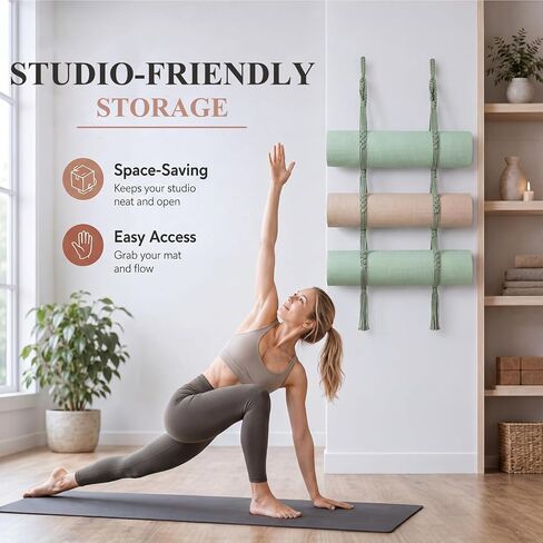 2 Pcs 59 Inch Yoga Mat Wall Mount Boho Handmade Cotton Rope Yoga Mat Sage Green Holder Wall Hanging Storage Pilates Accessories New Special Boho Design for Gym Home Space Saving Organizer in Saudi Arabia