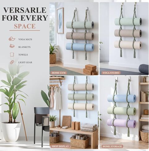 2 Pcs 59 Inch Yoga Mat Wall Mount Boho Handmade Cotton Rope Yoga Mat Sage Green Holder Wall Hanging Storage Pilates Accessories New Special Boho Design for Gym Home Space Saving Organizer in Saudi Arabia