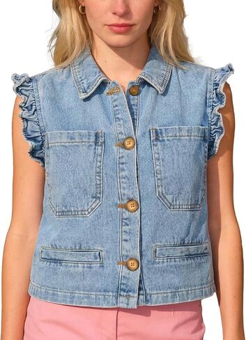 Denim Vest for Women Sleeveless Ruffle Sleeve Lapel Collar Cropped Button Down Jean Vest in Saudi Arabia