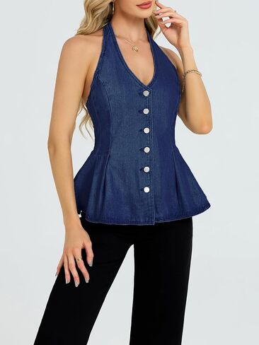 Ladyful المرأة الرسن سترة دينم الأعلى عارية الذراعين كشكش هيم بلا أكمام زر أسفل بيبلوم جان سترة الخامس الرقبة صدرية الغربية in Kuwait