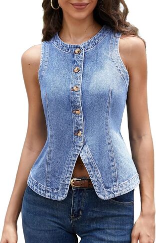 ELLEVEN Women’s Stretchy Crew Neck Denim Vest Summer, Button Down Fitted Jean Vest Top for Women Casual Outerwear Waistcoat in Kuwait