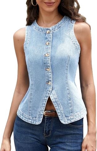 ELLEVEN Women’s Stretchy Crew Neck Denim Vest Summer, Button Down Fitted Jean Vest Top for Women Casual Outerwear Waistcoat in Kuwait