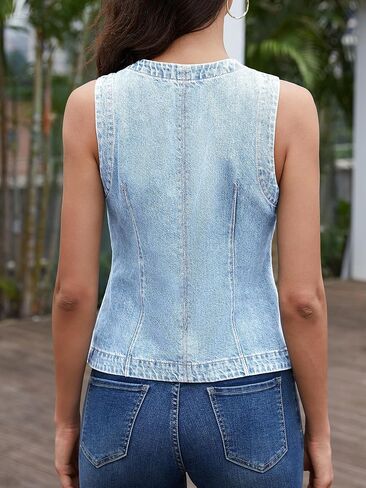 ELLEVEN Women’s Stretchy Crew Neck Denim Vest Summer, Button Down Fitted Jean Vest Top for Women Casual Outerwear Waistcoat in Kuwait