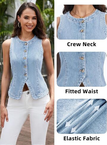 ELLEVEN Women’s Stretchy Crew Neck Denim Vest Summer, Button Down Fitted Jean Vest Top for Women Casual Outerwear Waistcoat in Kuwait
