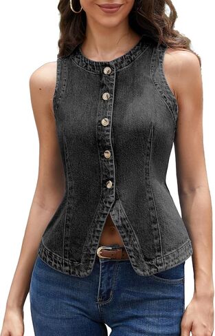 ELLEVEN Women’s Stretchy Crew Neck Denim Vest Summer, Button Down Fitted Jean Vest Top for Women Casual Outerwear Waistcoat in Kuwait
