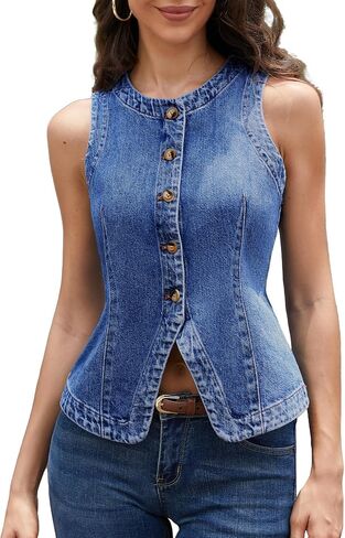 ELLEVEN Women’s Stretchy Crew Neck Denim Vest Summer, Button Down Fitted Jean Vest Top for Women Casual Outerwear Waistcoat in Kuwait
