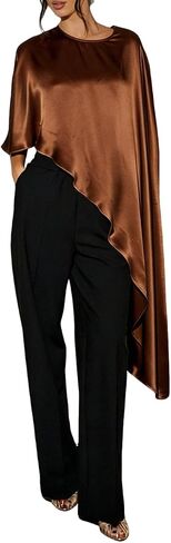 Women Asymmetrical Hem Satin Silky Shawl Wraps Elegant Round Neck Dressy Cape Poncho Top Flowy Loose Fit Cover Up Blouse in Kuwait