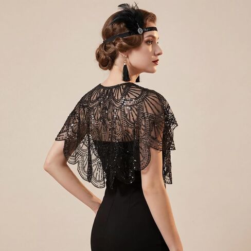 1920s Shawl Wraps for Women, Sequin Beaded Evening Cape Bridal Shawls, Flapper Cover Up for Evening Dresses Party in Kuwait