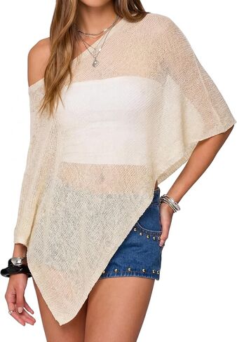 JenPen Knit Sheer Poncho Top for Women, Lightweight Y2k Asymmetric Shrug Shawl, Summer off Shoulder Mesh Blouse Cover up in Kuwait