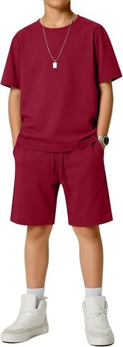 Boys' 2 Piece Outfits Set Summer Short Sleeve Crew Neck T shirts and Shorts Kids Casual Clothes 5-14 Years in Kuwait