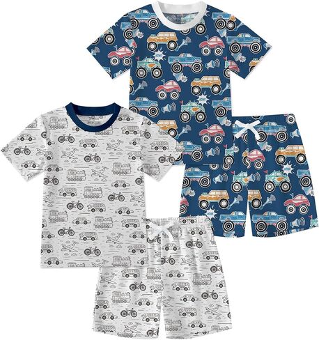 Jimonda Toddler Boys Cotton Shorts set Kids short Sleeve Summer Clothing Set Soft Lightweight 4pc Outdoor Outfit 2-14 Years in Kuwait