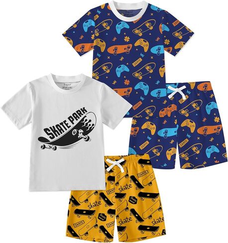 Jimonda Toddler Boys Cotton Shorts set Kids short Sleeve Summer Clothing Set Soft Lightweight 4pc Outdoor Outfit 2-14 Years in Kuwait