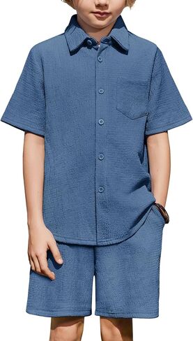 Arshiner Boys 2 Pieces Summer Outfits Short Sleeve Button Down Shirts and Shorts Sets for Kids Vacation Beach Wear 5-12 Years in Kuwait